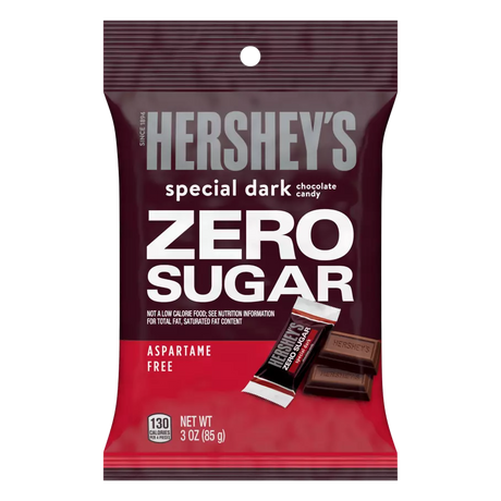 A red and brown package of Hershey's Special Dark chocolate candy labeled "Zero Sugar," featuring a small chocolate bar and nutritional information at the bottom.