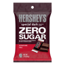 A red and brown package of Hershey's Special Dark chocolate candy labeled "Zero Sugar," featuring a small chocolate bar and nutritional information at the bottom.