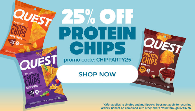Three bags of Quest protein chips in flavors like Nacho Cheese, Loaded Taco, and BBQ are displayed against a light blue background, promoting a 25% discount with the code CHIPPARTY25.