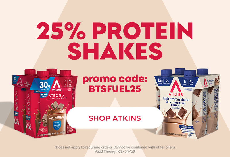 Promotional graphic featuring two packs of Atkins protein shakes, highlighting a 25% discount, with a promo code and a call to action to shop, set against a light background.