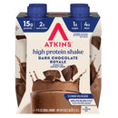 A four-pack of Atkins high protein shakes in Dark Chocolate Royale flavor, showcasing a rich chocolate drink with nutritional highlights including 15g protein and 2g net carbs.