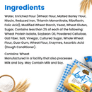 A list of ingredients for a sandwich product is displayed on a white background, highlighting various components like enriched flour and sugar, with a package and wheat stalks visible in the corner.