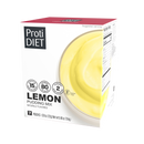 A box of ProtiDIET lemon pudding mix features a creamy yellow pudding swirl on the front, with nutritional information highlighting 15 grams of protein, 80 calories, and 2 grams of sugar per serving.