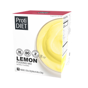 A box of ProtiDIET lemon pudding mix features a creamy yellow pudding swirl on the front, with nutritional information highlighting 15 grams of protein, 80 calories, and 2 grams of sugar per serving.