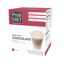 Chocolate protein shake mix box featuring seven pouches, highlighting nutritional information with 15g of protein, 100 calories, and 4g of sugar, with a glass of shake shown on the front.