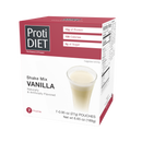 Vanilla shake mix box featuring a glass of creamy shake, highlighting 15g of protein, 100 calories, and 4g of sugar, with seven pouches included for easy serving.