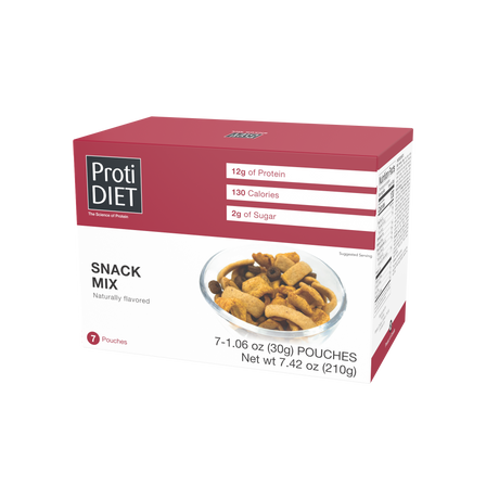 A red box of ProtiDIET Snack Mix displays a bowl of mixed snacks, highlighting 12g of protein, 130 calories, and 2g of sugar, with seven individual pouches included.