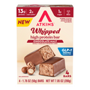 A box of Atkins Whipped High Protein Bars in Chocolate Malt flavor, featuring two bars cut in half to show the filling, with nutritional information highlighted on the packaging.