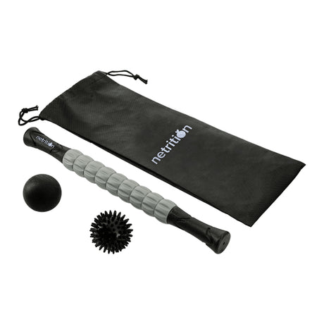 A black carrying bag contains a textured massage stick, a smooth black massage ball, and a spiky massage ball, all designed for muscle relief and recovery.