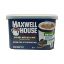 A container of Maxwell House Suisse Mocha Café instant beverage mix, labeled as decaf and sugar-free, features a steaming cup of coffee and coffee beans on the front.
