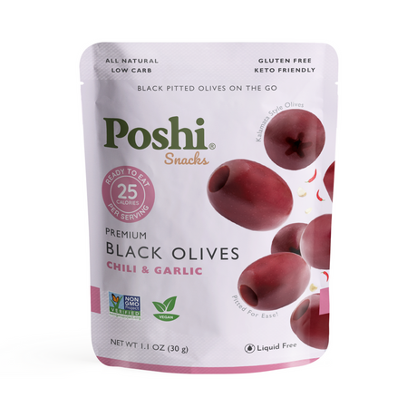 Snacks aux olives Poshi - Olives noires - Piment et ail, 31,18 g