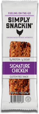 A packaged snack labeled "Simply Snackin' Signature Chicken," featuring a protein-rich, gluten-free chicken bar with nutritional information and a chicken graphic, set against a white background.