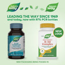Two bottles of Nature's Way B-50 Complex dietary supplements are displayed side by side, showcasing a new look and highlighting the use of 97% PCR bottles, with a green leaf design in the background.