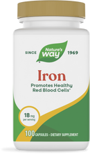 A white bottle of Nature's Way Iron dietary supplement, featuring a gold cap, displays "Iron" in bold red letters, with text indicating it promotes healthy red blood cells and contains 100 capsules.