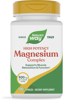 A white bottle of Nature's Way High Potency Magnesium Complex with a yellow cap, labeled as a dietary supplement, containing 100 capsules that support muscle relaxation and function.