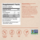 A detailed supplement facts label outlines serving size, nutritional information, and cautions for a dandelion root capsule product, with icons indicating it's vegan, gluten-free, and free from artificial colors or flavors.