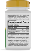 A white bottle with a yellow cap displays supplement facts, including magnesium dosage and usage recommendations, set against a plain background, indicating it's for dietary use.