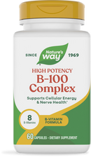 A white bottle of Nature's Way High Potency B-100 Complex dietary supplement, featuring a yellow cap, labeled with details about its benefits for cellular energy and nerve health, containing 60 capsules.