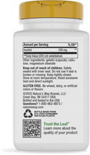 A white bottle of dietary supplement with a gold cap displays nutritional information and usage instructions for Inositol, emphasizing safety and storage guidelines.