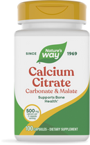 A white bottle with a yellow cap labeled "Calcium Citrate Carbonate & Malate" from Nature's Way, containing 100 capsules, promotes bone health with 500 mg of calcium per two-capsule serving.