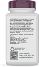 A white plastic bottle with a purple cap contains product information and safety instructions, including warnings about usage and storage, along with a QR code for additional details.