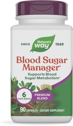 A white bottle of Nature's Way Blood Sugar Manager dietary supplement, featuring a purple cap, labeled with "Supports Blood Sugar Metabolism" and containing 90 capsules in a premium blend of six herbs.