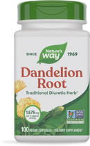 A white bottle of Nature's Way Dandelion Root dietary supplement, featuring a green cap, displays the product name, dosage information, and a floral design, indicating it contains 100 vegan capsules.