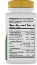 A white supplement bottle with a yellow cap displays the supplement facts label, listing vitamins and their amounts per serving, along with a recommendation for daily use.