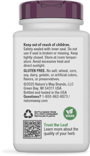 A white supplement bottle with a purple cap displays safety instructions, gluten-free labeling, and a QR code for more information, emphasizing child safety and proper storage.