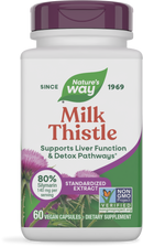 A white bottle of Nature's Way Milk Thistle dietary supplement, featuring a purple cap, labeled with "Supports Liver Function & Detox Pathways" and details about silymarin content and vegan capsules.