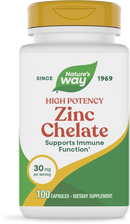A white bottle of Nature's Way High Potency Zinc Chelate dietary supplement, featuring a yellow cap, labels stating "30 mg per serving" and "100 capsules," with a green and yellow design emphasizing immune support.