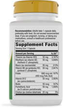 A white supplement bottle with a yellow cap displays detailed nutritional information, including ingredients and serving size, intended for daily dietary support.