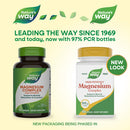 Two bottles of Nature's Way Magnesium Complex dietary supplement are displayed side by side, one in a dark bottle and the other in a light bottle, highlighting their new packaging and eco-friendly materials.