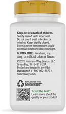 A white bottle with a yellow cap contains product safety instructions, including warnings about child safety, storage, and gluten-free information, along with a QR code for more details.