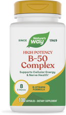 A white bottle of Nature's Way High Potency B-50 Complex dietary supplement, featuring a yellow cap, labeled with "Supports Cellular Energy & Nerve Health" and indicating it contains 100 capsules.