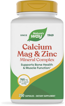 A white bottle of Nature's Way Calcium, Magnesium, and Zinc Mineral Complex, featuring a yellow cap, labeled with benefits for bone health and muscle function, containing 250 capsules.