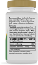 A white supplement bottle with a gold cap displays a label detailing iron content, dosage instructions, and a warning about accidental overdose in children.