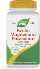 A white bottle of Nature's Way Krebs Magnesium Potassium Complex dietary supplement, featuring a yellow cap, labeled with 120 vegan tablets and claims to support cellular energy.