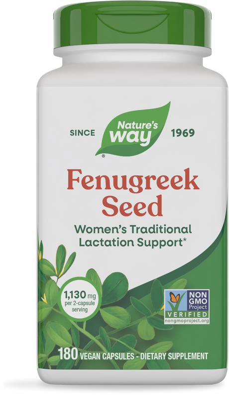 A white bottle of Nature's Way Fenugreek Seed dietary supplement features green accents, labeled for women's lactation support, containing 180 vegan capsules with a serving size of 2 capsules at 1,130 mg.