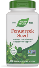 A white bottle of Nature's Way Fenugreek Seed dietary supplement features green accents, labeled for women's lactation support, containing 180 vegan capsules with a serving size of 2 capsules at 1,130 mg.