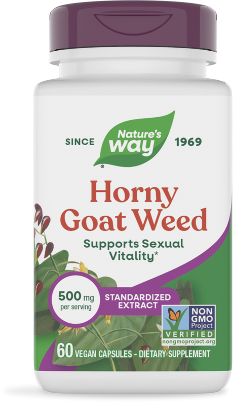 A white bottle of Nature's Way Horny Goat Weed dietary supplement features a purple cap, lists 500 mg per serving, and indicates it contains 60 vegan capsules to support sexual vitality.