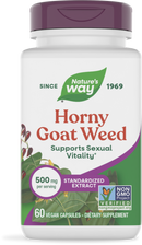 A white bottle of Nature's Way Horny Goat Weed dietary supplement features a purple cap, lists 500 mg per serving, and indicates it contains 60 vegan capsules to support sexual vitality.