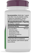A white supplement bottle with a purple cap displays the label detailing the contents, which include Horny Goat Weed extract and usage recommendations for adults.