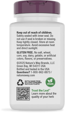 A white bottle with a purple cap displays safety instructions, gluten-free labeling, and recycling information, emphasizing the product's vegan and eco-friendly qualities.
