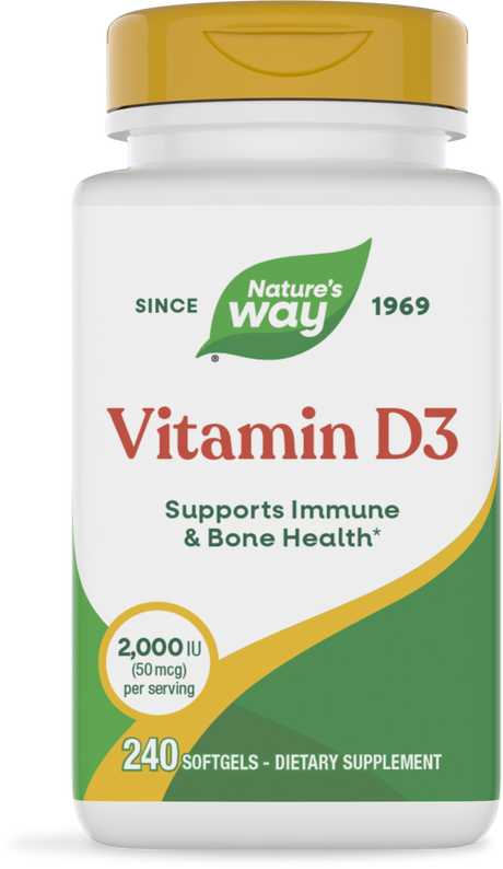 A white bottle of Nature's Way Vitamin D3 dietary supplement, featuring a gold cap, labeled with "Supports Immune & Bone Health," containing 240 softgels with 2,000 IU per serving.