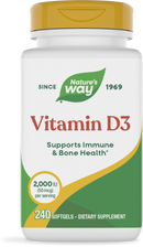 A white bottle of Nature's Way Vitamin D3 dietary supplement, featuring a gold cap, labeled with "Supports Immune & Bone Health," containing 240 softgels with 2,000 IU per serving.