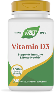 A white bottle of Nature's Way Vitamin D3 dietary supplement, featuring a gold cap, labeled with "Supports Immune & Bone Health," containing 240 softgels with 2,000 IU per serving.