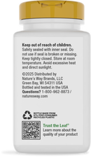 A white bottle with a yellow cap displays safety instructions and recycling information, emphasizing to keep out of reach of children and store in a cool, dry place.