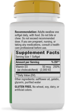 A white supplement bottle with a yellow cap displays the label detailing dosage instructions, ingredients, and nutritional information for Vitamin D3 softgels, emphasizing gluten-free content.