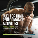 A muscular man performs dips on gym equipment, focused and determined, with text highlighting a premium energy product for high-performance activities before workouts and during exercise.